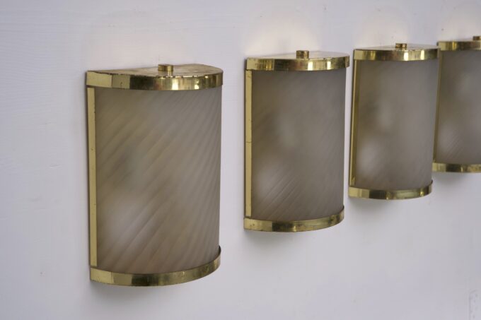 Rare Set of Four Valentino Brass and Etched Glass Wall Sconces, Italy 1980s