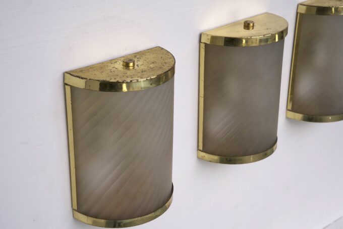 Rare Set of Four Valentino Brass and Etched Glass Wall Sconces, Italy 1980s