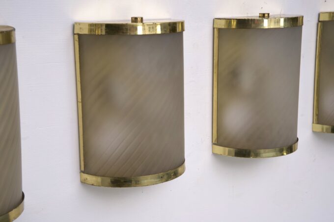 Rare Set of Four Valentino Brass and Etched Glass Wall Sconces, Italy 1980s