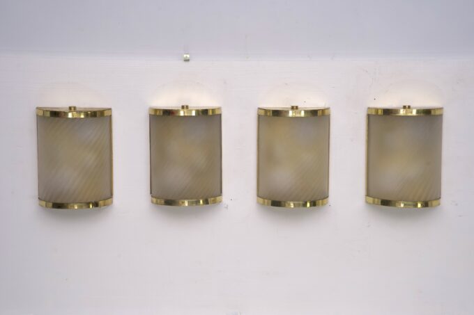 Rare Set of Four Valentino Brass and Etched Glass Wall Sconces, Italy 1980s