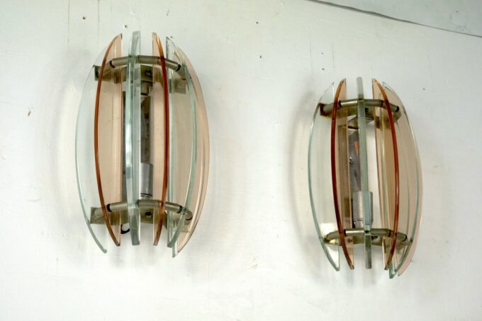 Mid-Century Italian pink and clear thick glass chandelier by Veca. Italy 1960s