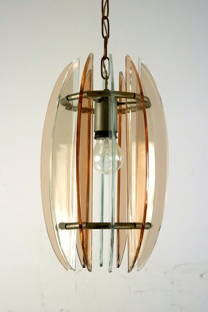 Mid-Century Italian pink and clear thick glass chandelier by Veca. Italy 1960s