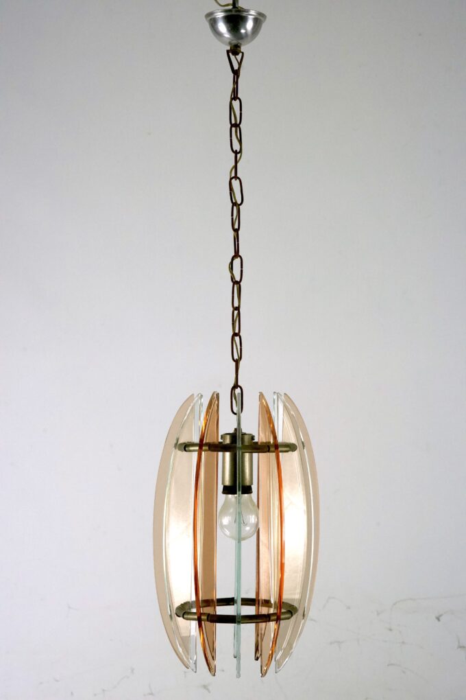 Mid-Century Italian pink and clear thick glass chandelier by Veca. Italy 1960s