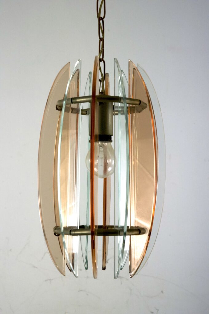 Mid-Century Italian pink and clear thick glass chandelier by Veca. Italy 1960s