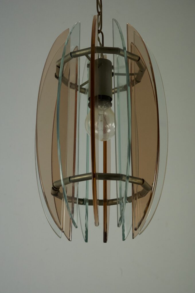 Mid-Century Italian pink and clear thick glass chandelier by Veca. Italy 1960s