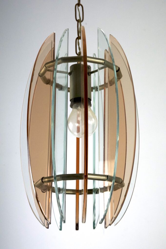 Mid-Century Italian pink and clear thick glass chandelier by Veca. Italy 1960s