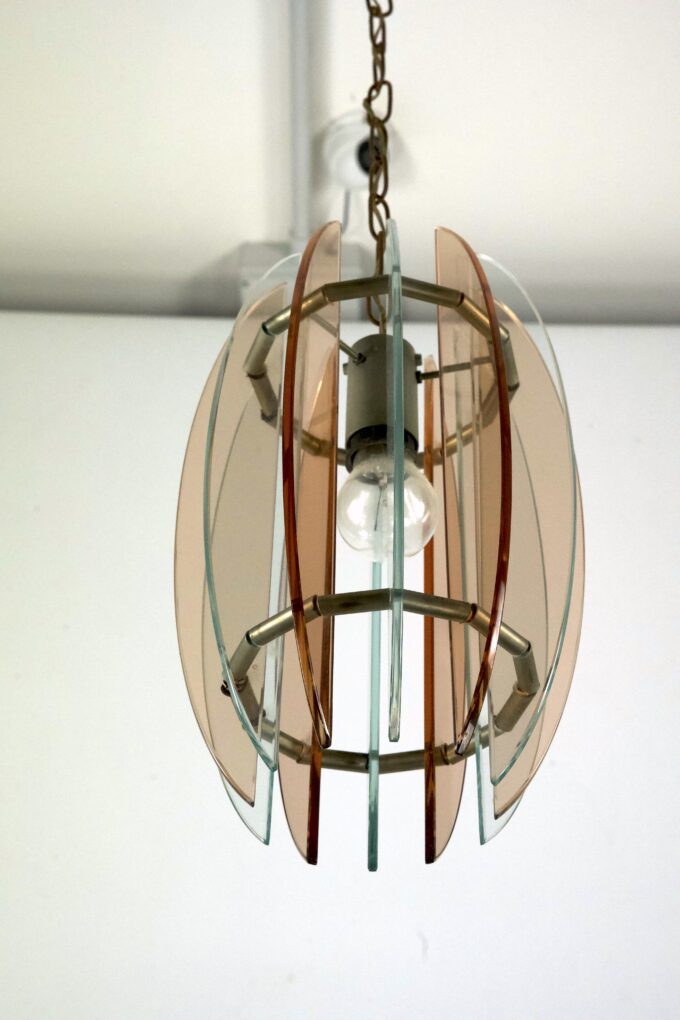 Mid-Century Italian pink and clear thick glass chandelier by Veca. Italy 1960s