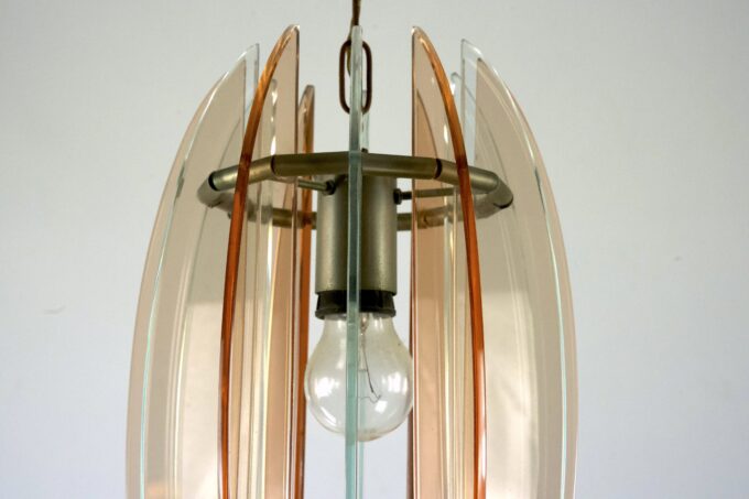 Mid-Century Italian pink and clear thick glass chandelier by Veca. Italy 1960s