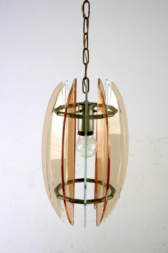 Mid-Century Italian pink and clear thick glass chandelier by Veca. Italy 1960s