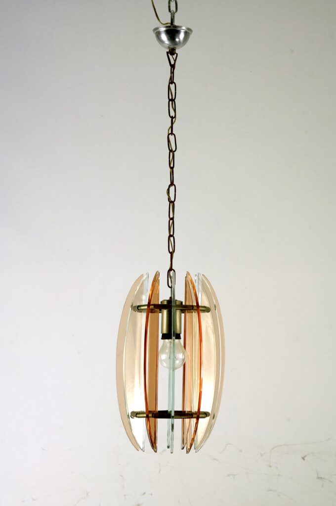 Mid-Century Italian pink and clear thick glass chandelier by Veca. Italy 1960s